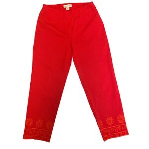 NWOT Coldwater Creek Vibrant Red Pull On Stretch Pant Floral Eyelet Hem Size 4P